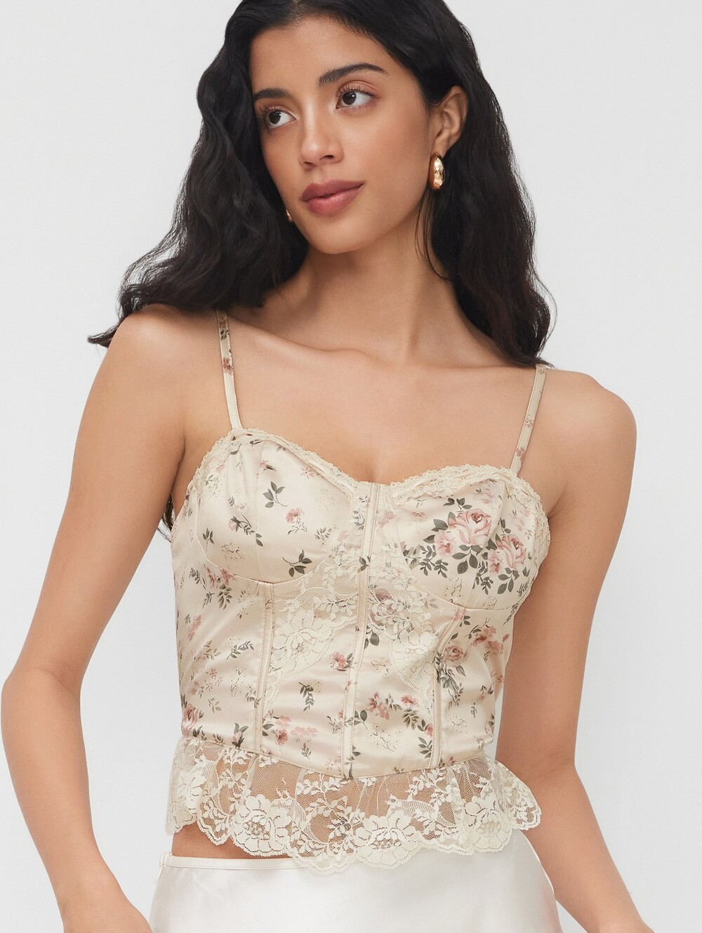 Cider Satin Floral Lace Trim Crop Cami Top Coquette Women's Large